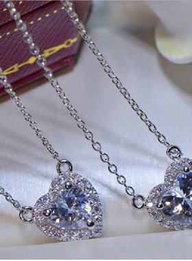 PT950铂金珠宝莫桑石锁骨链心形爱心围钻项链女吊坠1克拉首饰甜美