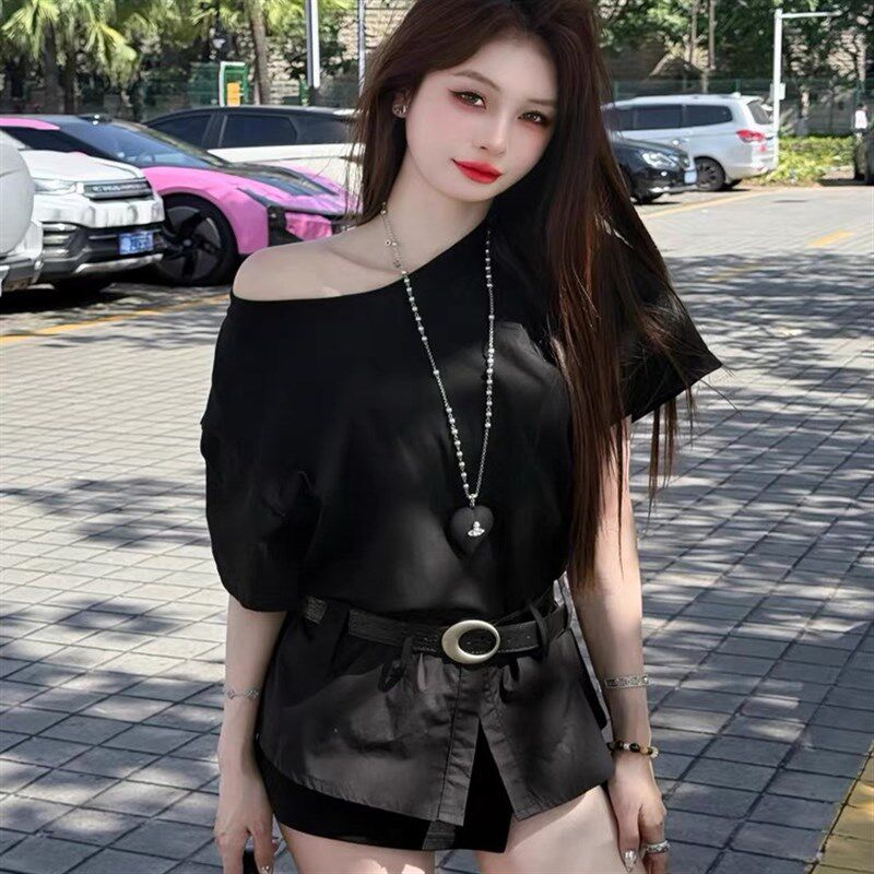 斜肩短袖T恤女2025夏季别致独特露肩裙裤套装设计感两件套辣妹风