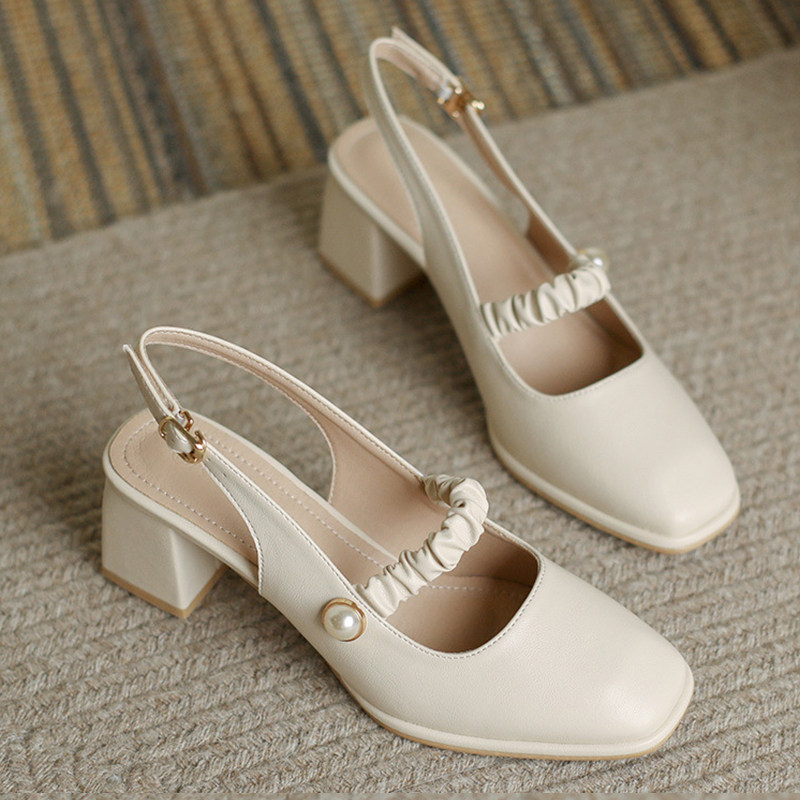 包头凉鞋女夏季h中跟仙女风方头后空单鞋大码高跟鞋女胖脚宽肥女