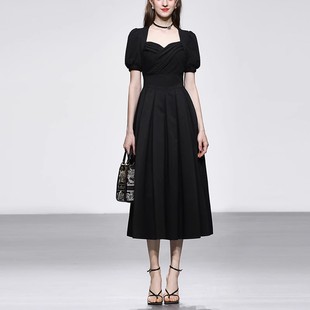 2025夏季新款时尚甜酷减龄公主领泡泡短袖黑色收腰大摆气质连衣裙