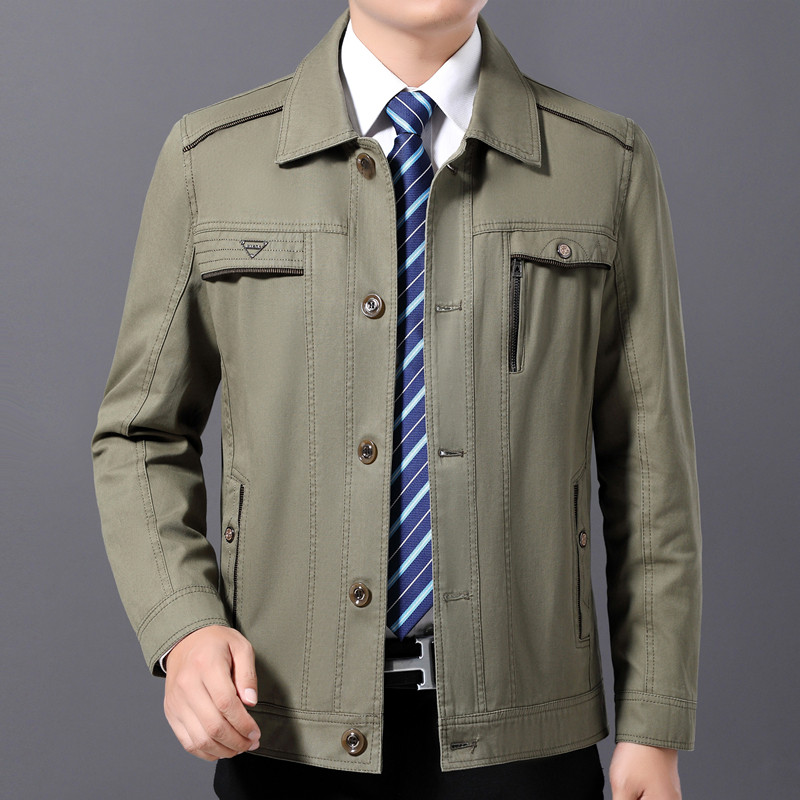 中年男士秋冬季男装薄款纯棉外套中老年人加绒夹克衫爸爸秋装上衣