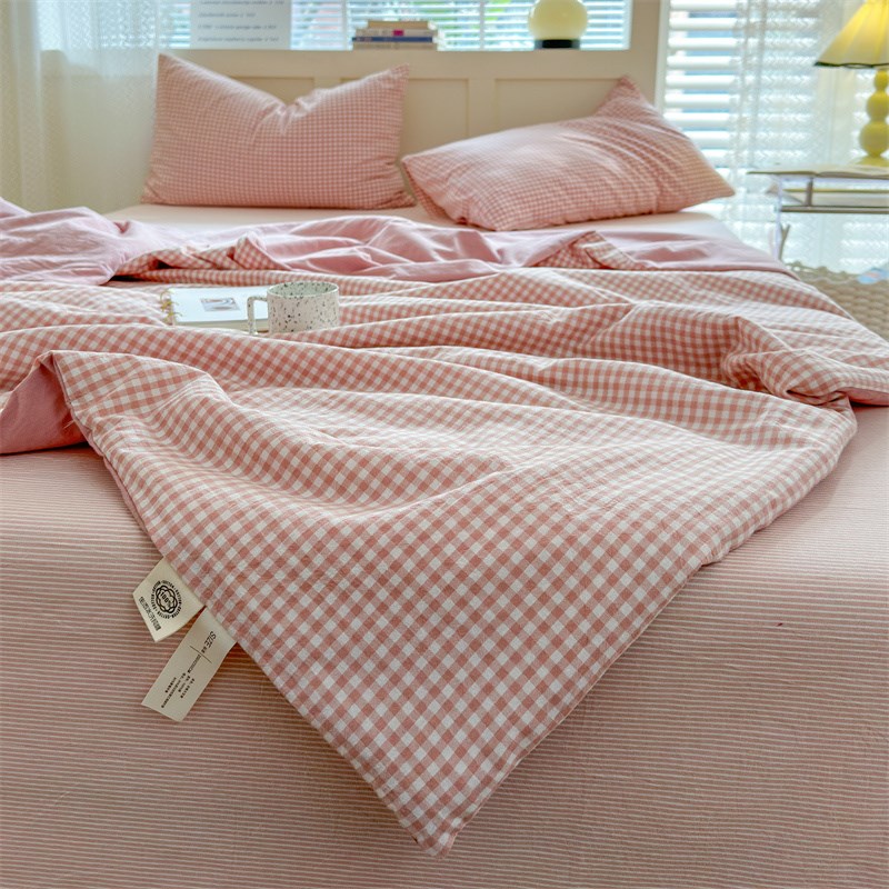 色织水洗棉夏被四件套空调被子夏凉被可机洗格子条纹宿舍夏季被