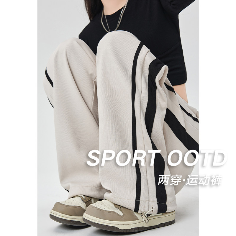 休闲卫裤女2024新款春秋款宽松显瘦直筒双杠小个子条纹阔腿运动裤