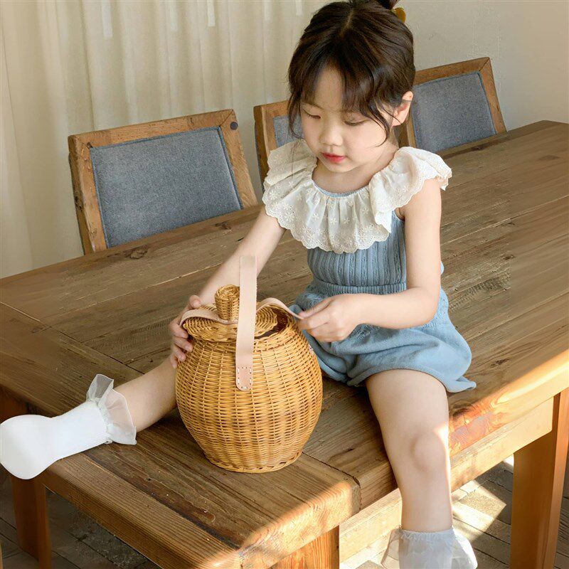 女童冰丝针织背心套装夏2025女宝甜美荷叶领无袖娃娃衫短裤两件套