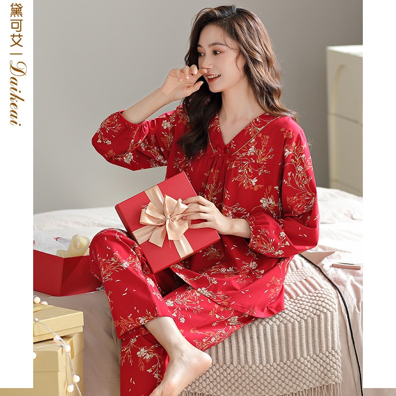 红色睡衣女春秋季长袖纯棉V领套头家居服中年妈妈大码本命年套装