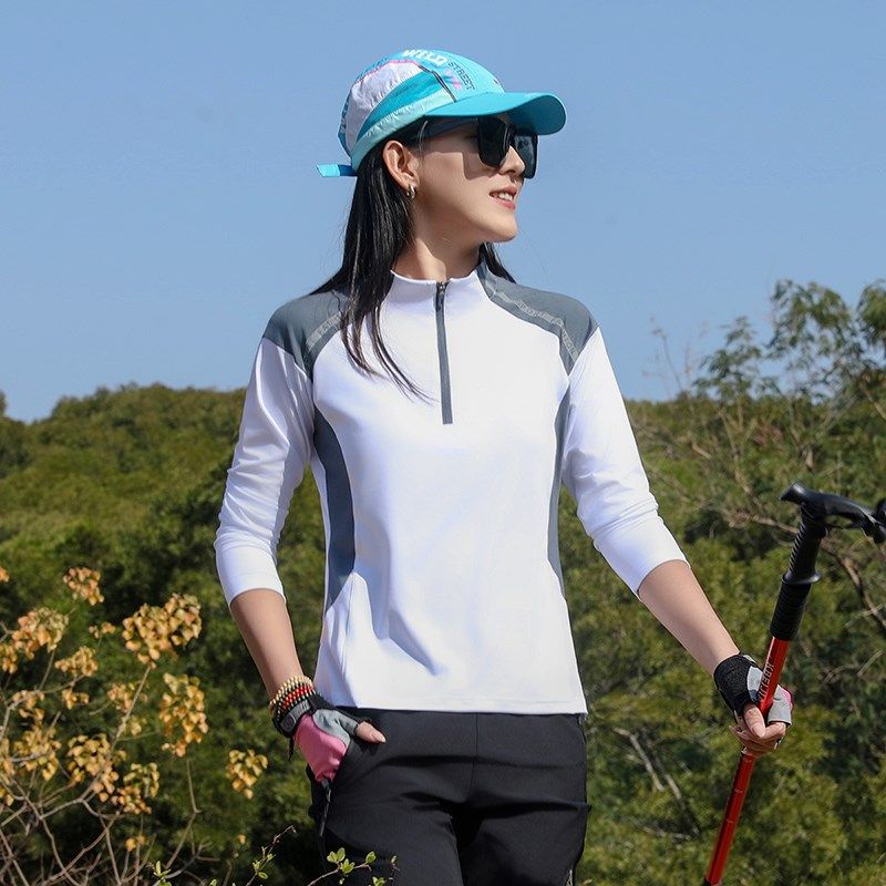 户外登山拼色速干衣女长袖T恤运动跑步快干上衣爬山徒步骑行服夏