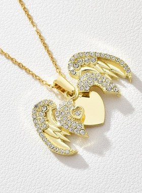 土耳其创意可打开爱心天使翅膀吊坠项链潮流爱心翅膀可刻字锁骨女