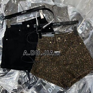 ADD韩版早秋新款复古高腰显示豹纹设计感牛仔裤休闲裤辣妹短裤女