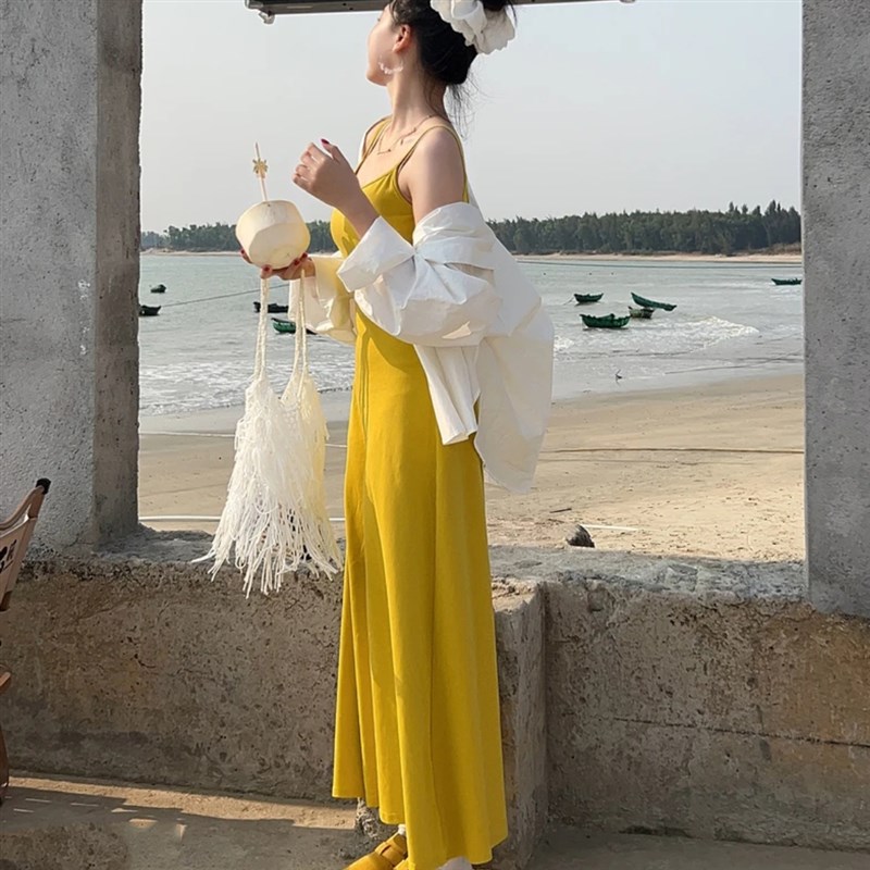 【100%纯棉】黄色吊带连衣裙女夏日多巴胺韩系氛围感气质绝美长裙