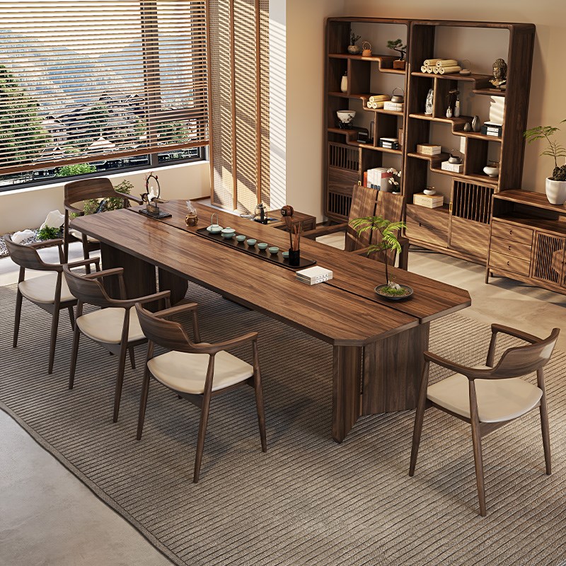 新中式简约实木大板茶台胡桃木家用阳台泡茶桌现代办公茶桌椅组合