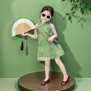 新中式女童2025夏季新款绿色盘扣提花旗袍连衣裙女宝宝国风背心裙
