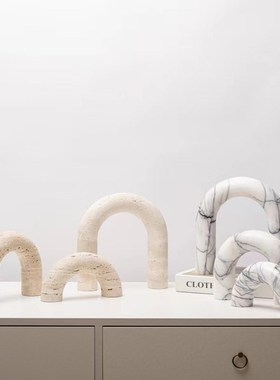 现代简约a天然大理石拱门摆件样板房黄洞石几何装饰品电视柜摆设