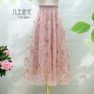 2025春夏立体绣花裙亮片刺绣半身裙 网纱裙仙女范长裙 三层A字修身