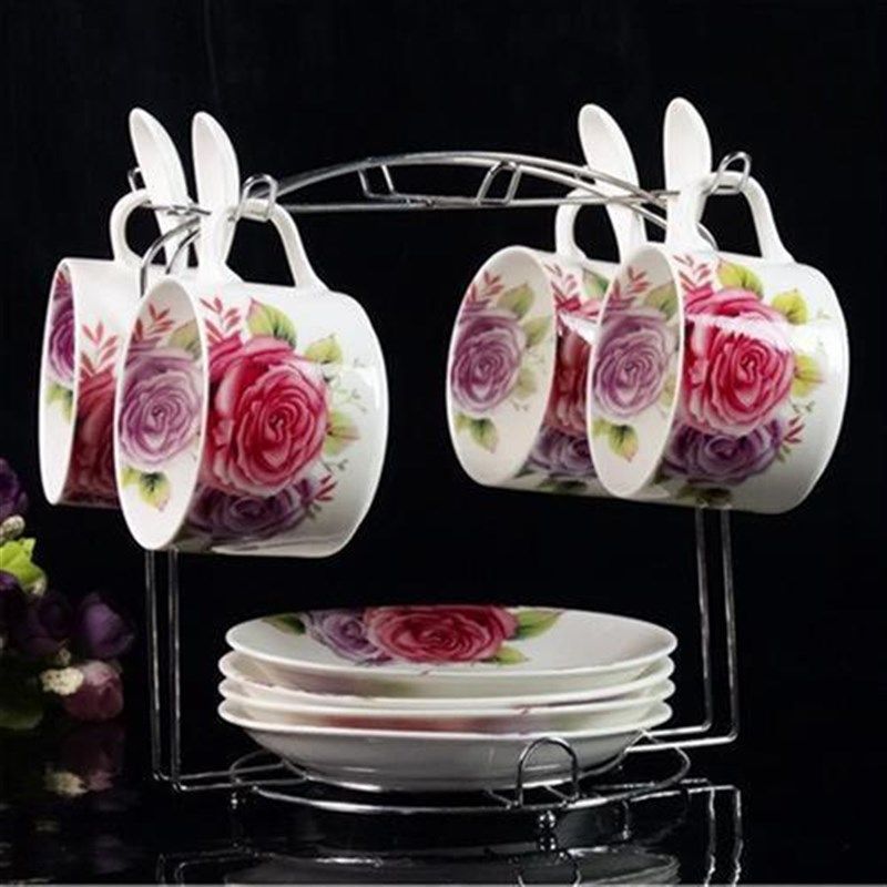 欧式陶瓷杯咖啡杯套装金边创意杯碟4件套碟勺带架子骨瓷咖啡杯