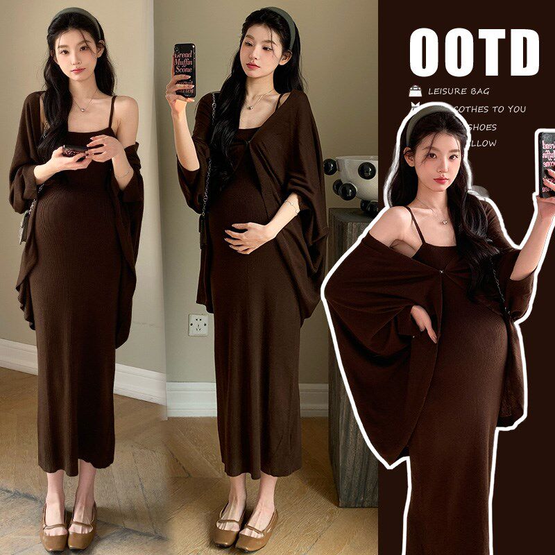 孕妇装春装2025新款春秋季连衣裙两件套高级感穿搭吊带裙套装孕妈