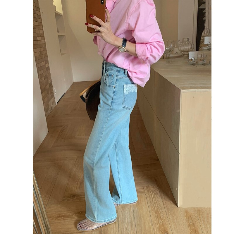 蕾丝拼接直筒牛仔裤女春季新款大码胖mm梨形身材高腰显瘦阔腿裤子