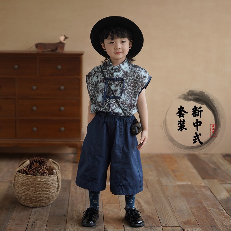 砚台家新中式儿童汉服男童套装夏装2024新款男宝无袖衬衫宝宝国风图片