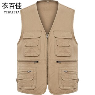 马甲纯棉钓鱼背心爸爸宽松坎肩V领开衫 春秋男式 多口袋中老年大码