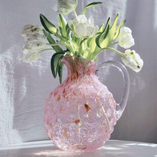 中古风芬顿手工制作m单耳手柄金粉色泡泡花壶形花瓶水养插花器摆