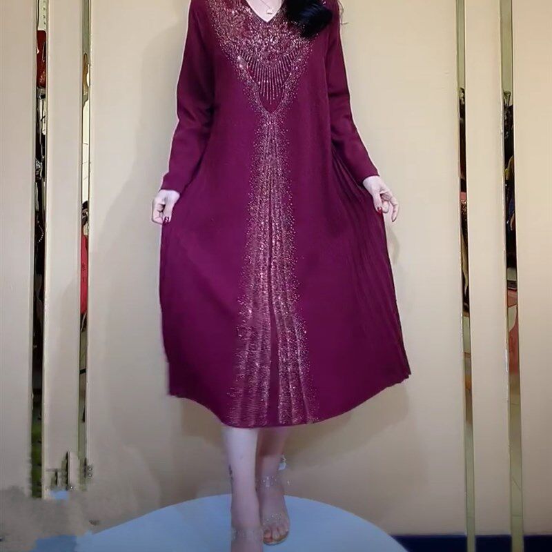 高端妈妈礼服喜婆婆套头提花针织连衣裙烫钻红色长款宽松打底衫单