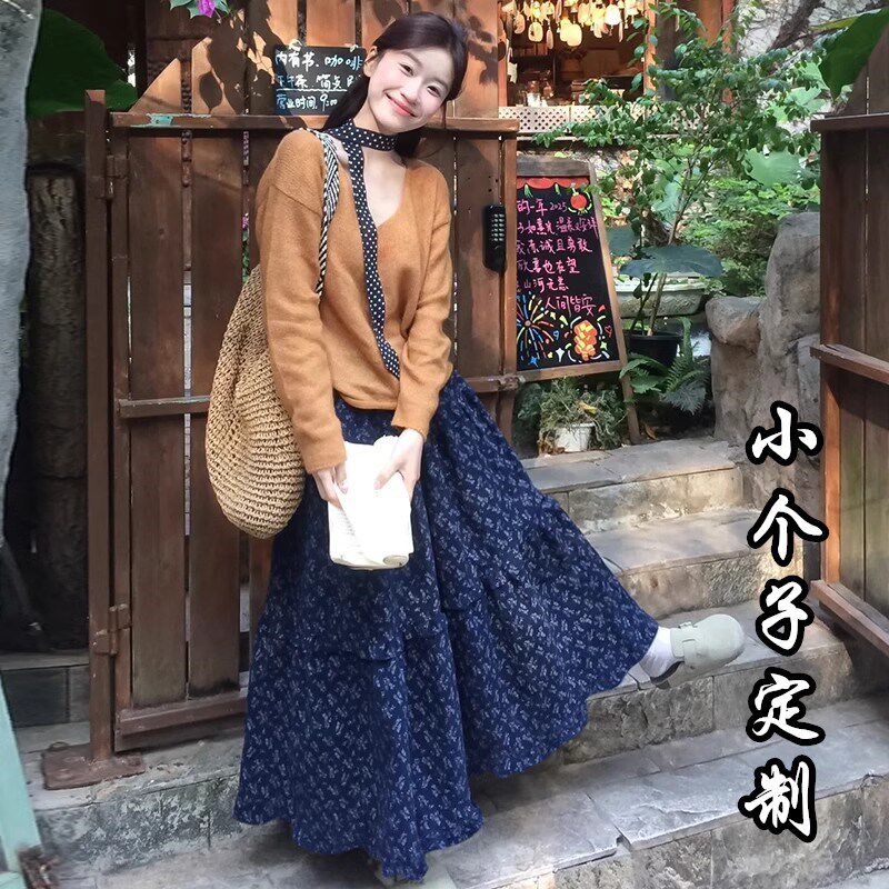 150小个子法式复古碎花半身裙女2025春季新款A字高腰温柔气质长裙