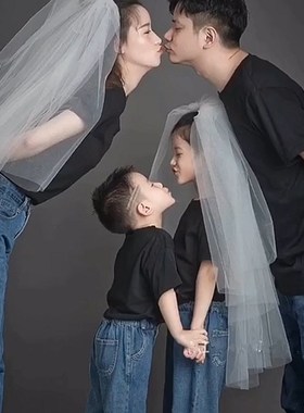 适合拍照纯色影楼亲子装夏全家福服装家庭装一家三四五口黑色t恤