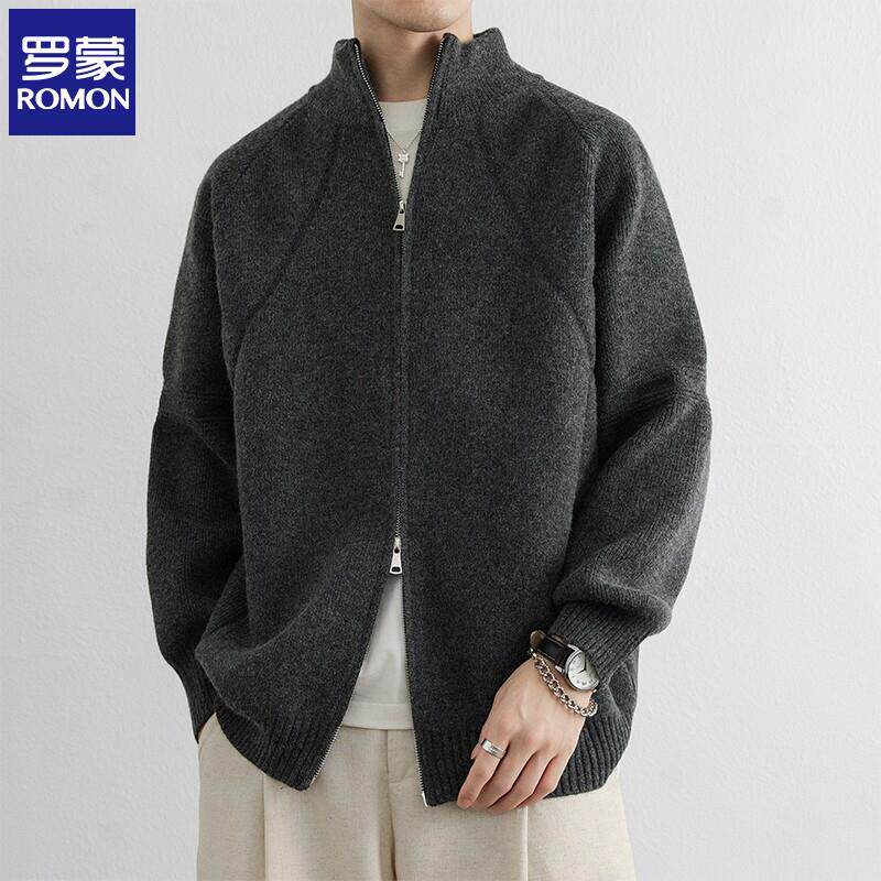 罗蒙立领拉链开衫毛衣男士秋季纯色双拉链百搭针织衫中年新款外套