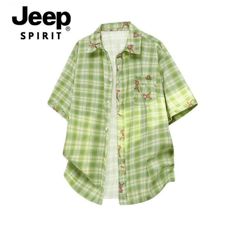 JEEP SPIRIT吉普多巴胺格子短袖衬衫男款小清新情侣款衬衫夏季潮