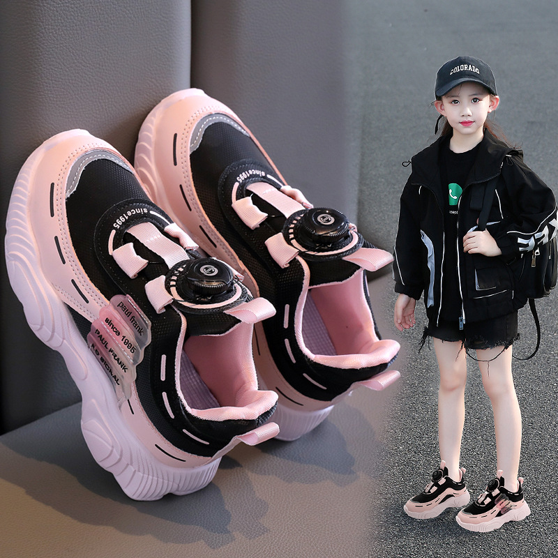 女童鞋子秋季2025新款儿童运动鞋黑色旋转纽扣夏款网红老爹鞋女孩