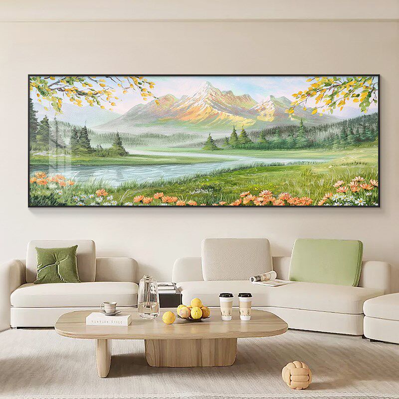 日照金山挂画客厅装饰画沙发背景墙手绘油画轻奢高级感肌理画山水