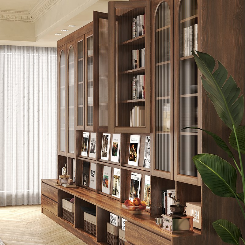 黑胡桃木满墙书柜定制去客厅化书柜良禽落地书架佳木带卡座整面墙