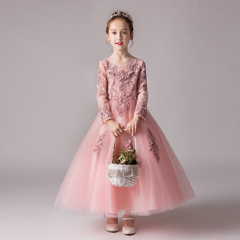 女童礼服粉色公主裙生日花童婚纱儿童小主持人钢琴演出服表演秋冬