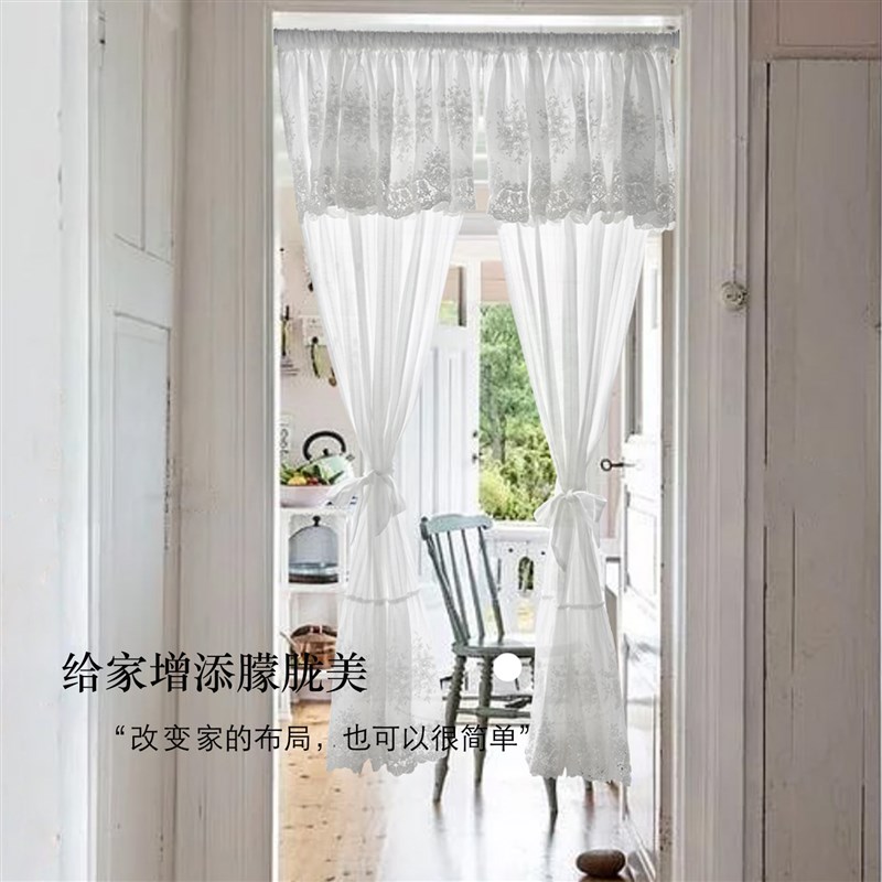 免打孔法式蕾丝门帘厨房半帘短帘隔断帘白色纱帘穿杆帘魔术贴定制