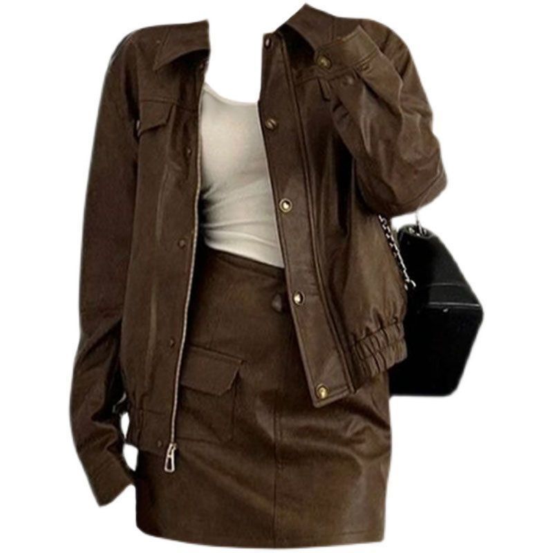 大码胖MM港味复古PU皮衣外套夹克女春季高腰显瘦A字半身裙两件套