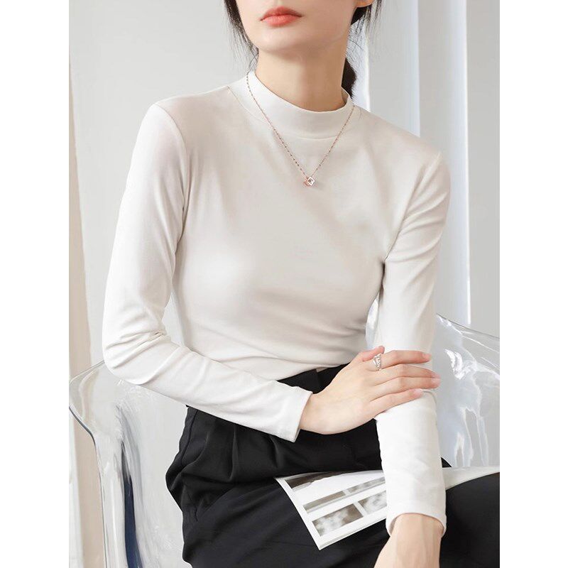 半高领长袖t恤女秋冬2024新款纯棉内搭修身百搭黑色小立领打底衫