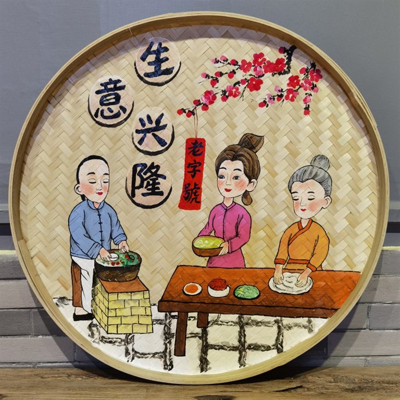手绘竹编簸箕装饰画复古怀旧圆形挂件农家乐墙壁挂饰酒店饭店墙饰图片