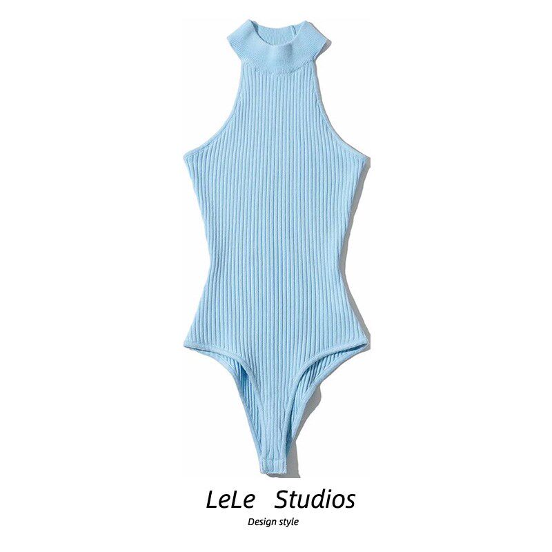 【包邮】欧美风立领无袖挂脖露肩修身针织高腰连体衣背心女外穿潮