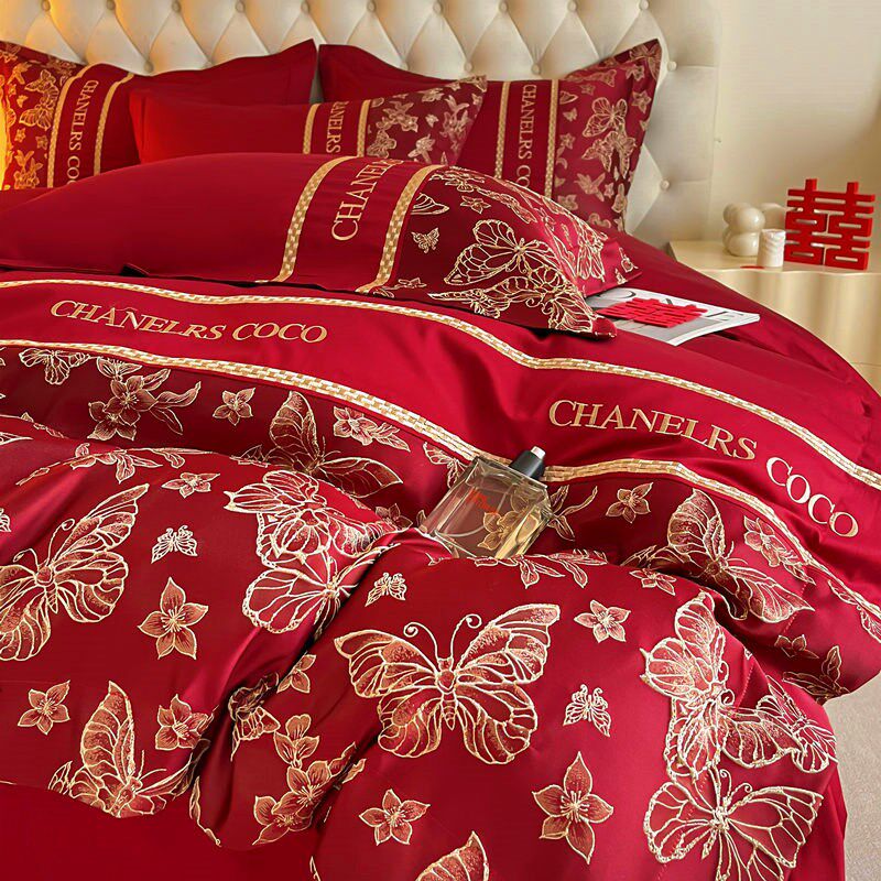高档大红色婚庆四件套新婚床单被套纯棉备婚喜被结婚床上用品婚房