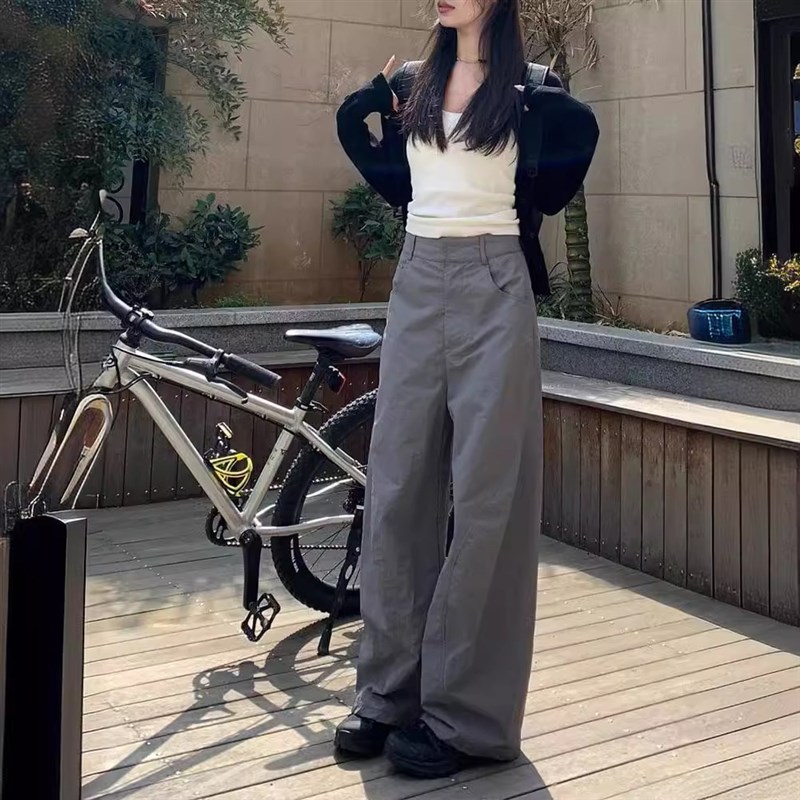 300斤大码胖mm灰色工装裤女宽松高腰垂感梨型身材休闲遮肉阔腿裤