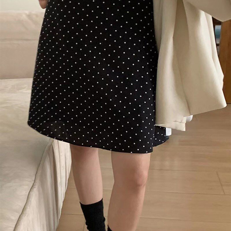 复古红色波点半身裙女春夏大码高腰显瘦a字中裙防走光遮跨大摆裙