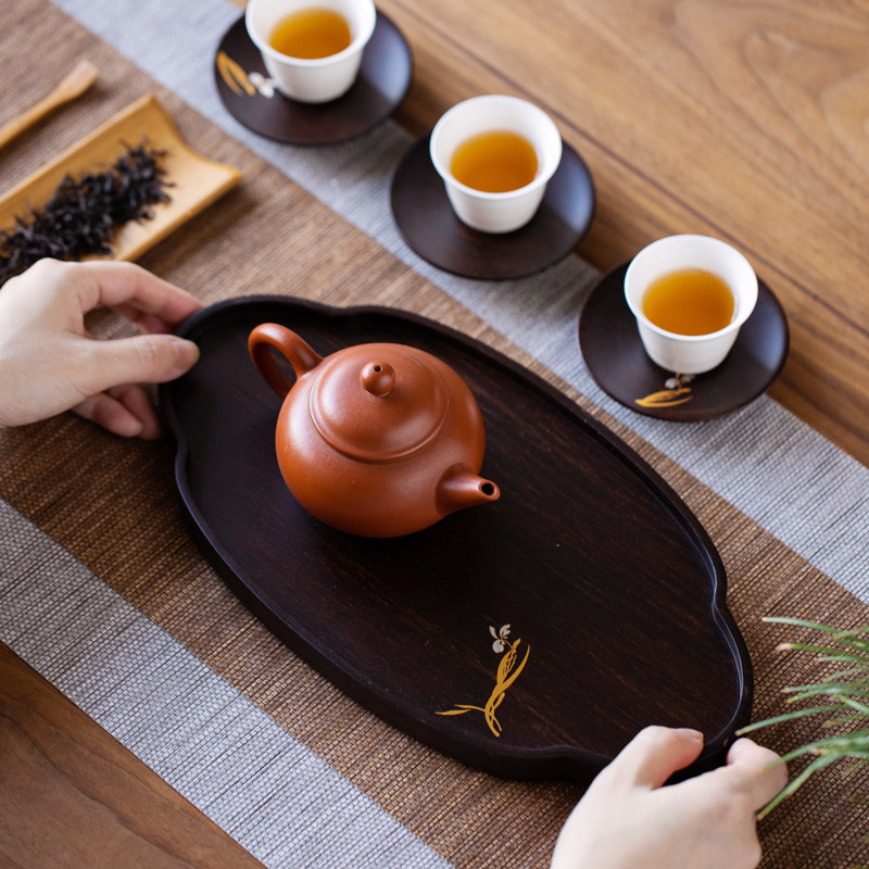 黑檀嵌铜壶承干泡台茶盘茶托杯垫套组禅意实木日式家用兰竹干泡小