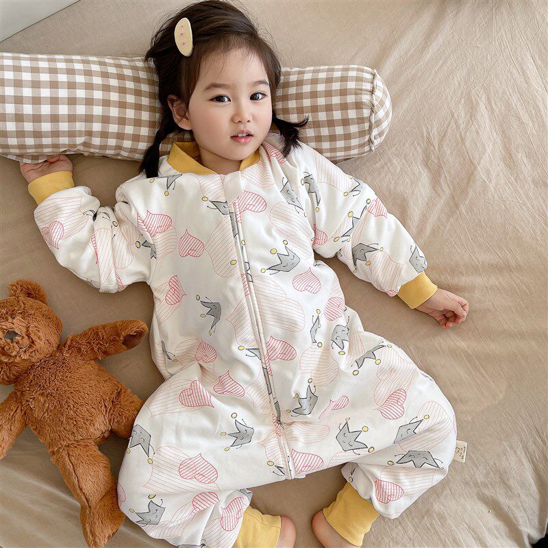 春季薄棉儿童睡袋宝宝双层纯棉分脚防踢被夹棉可拆袖四季薄款睡衣