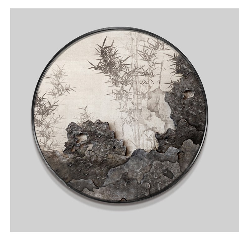新中式圆形入户玄关画太湖石喷绘装饰画茶室走廊过道抽象挂画对门