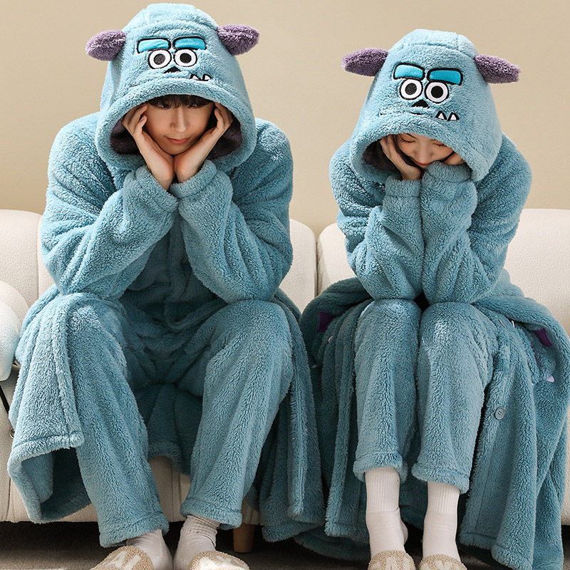 珊瑚绒情侣睡衣女秋冬季睡袍可爱法兰绒加绒加厚男士长款浴袍套装