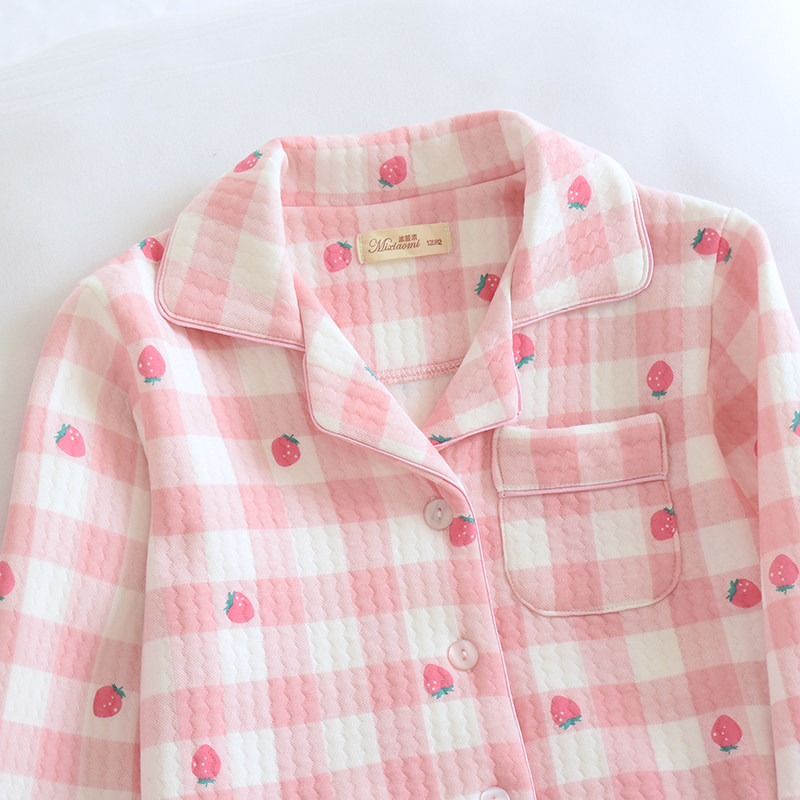 米筱米儿童秋冬纯棉空气层睡衣套女童全棉三层夹棉翻领公主家居服