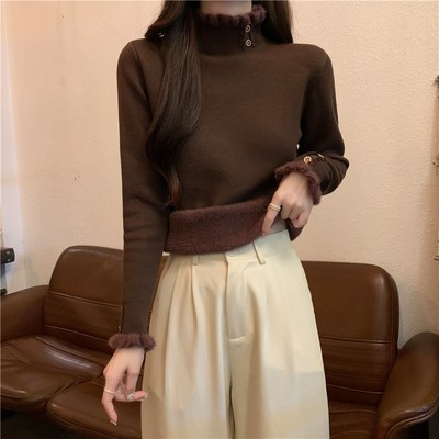 加绒毛衣女保暖加厚一体绒内搭半高领打底衫秋冬高级感超好看上衣