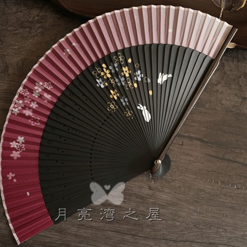 月亮扇复古风女扇古典折扇夏季折叠扇子旗袍走秀扇礼品扇粉樱花
