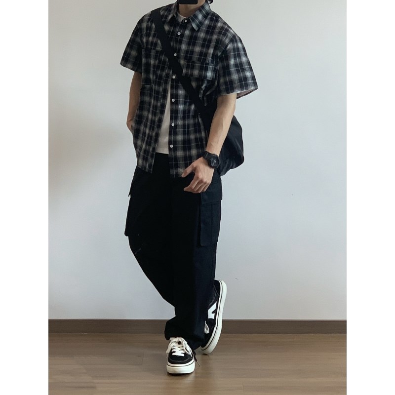 X1617 新款春夏日系百搭宽松纯色格子口袋休闲衬衫短袖T恤男衬衣