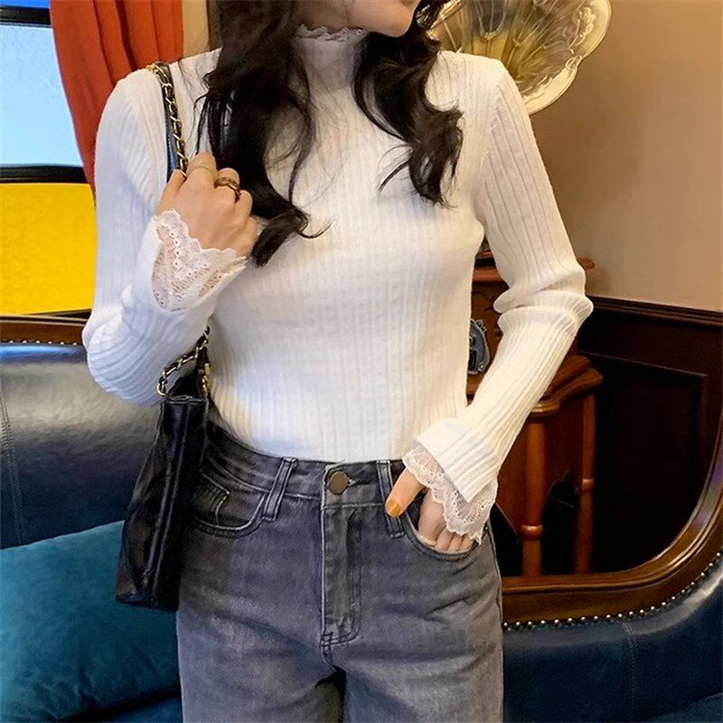 法式白色针织衫拼接蕾丝皮草内搭女秋冬显瘦半高领毛衣打底衫上衣