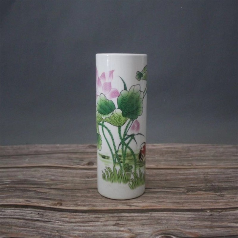景德镇仿古瓷器乾隆粉彩鸳鸯荷花高笔筒家居装饰展柜办公摆件复古